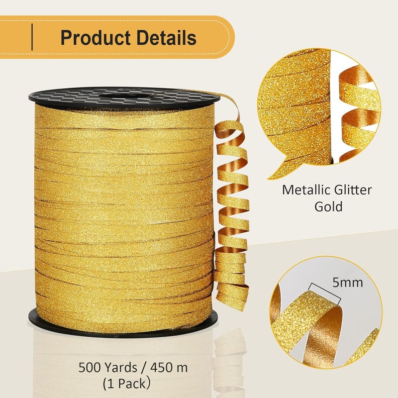 OMISELIO 500 Yards Gold Ribbon Curling Glitter, Balloon String, Shiny Metallic Curly Roll for Gift Wrapping Ribbon for Christmas, New Years, Graduations, Birthday Decoration, 3/16" - Image 2